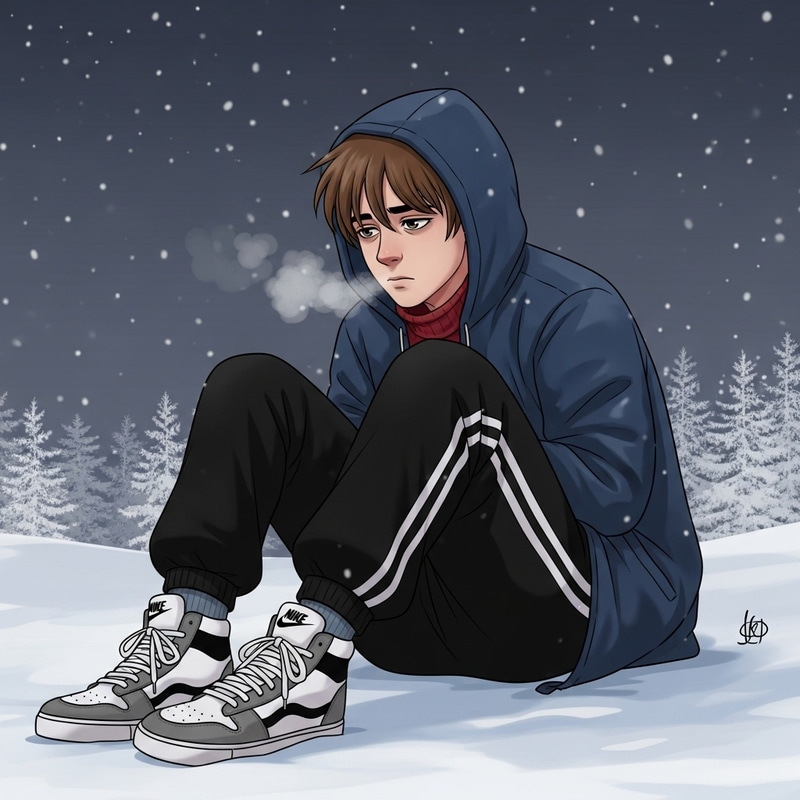Depressed 18 Y.O. Boy in Winter Russia with Nike Air Jordan 1 and Black Adidas Pants Depressed 18 Y.O. Boy in Winter Russia with Nike Air Jordan 1 and Black Adidas Pants