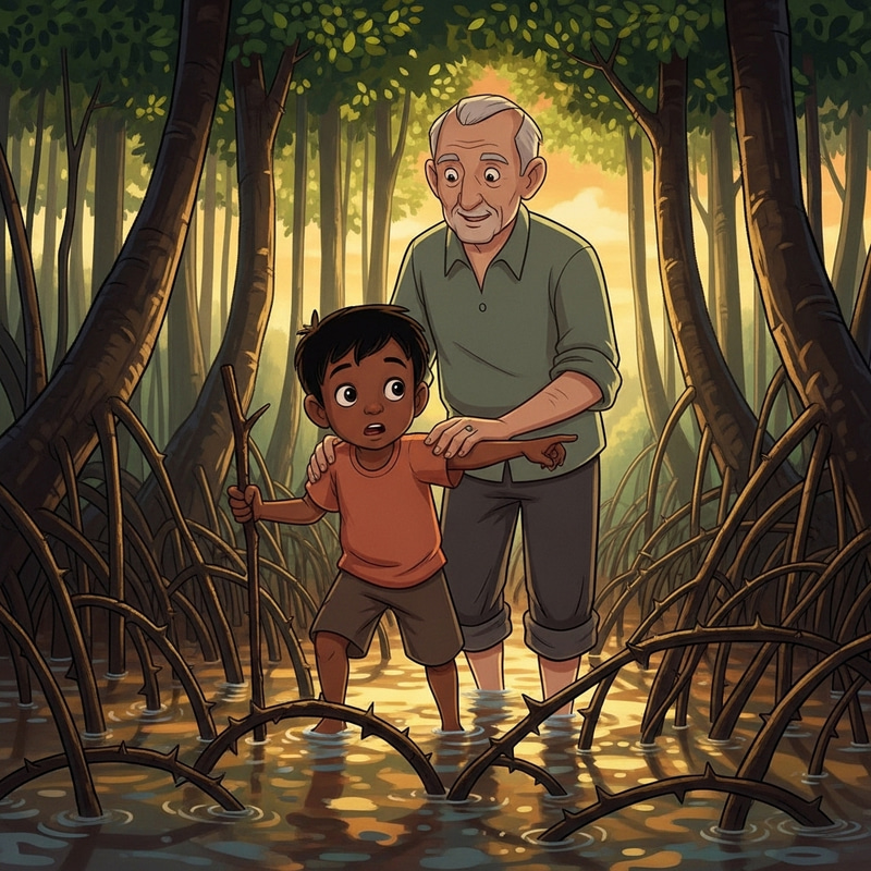 Child and Grandpa Adventurous Stroll in Animated Mangrove Exploration Child and Grandpa Adventurous Stroll in Animated Mangrove Exploration