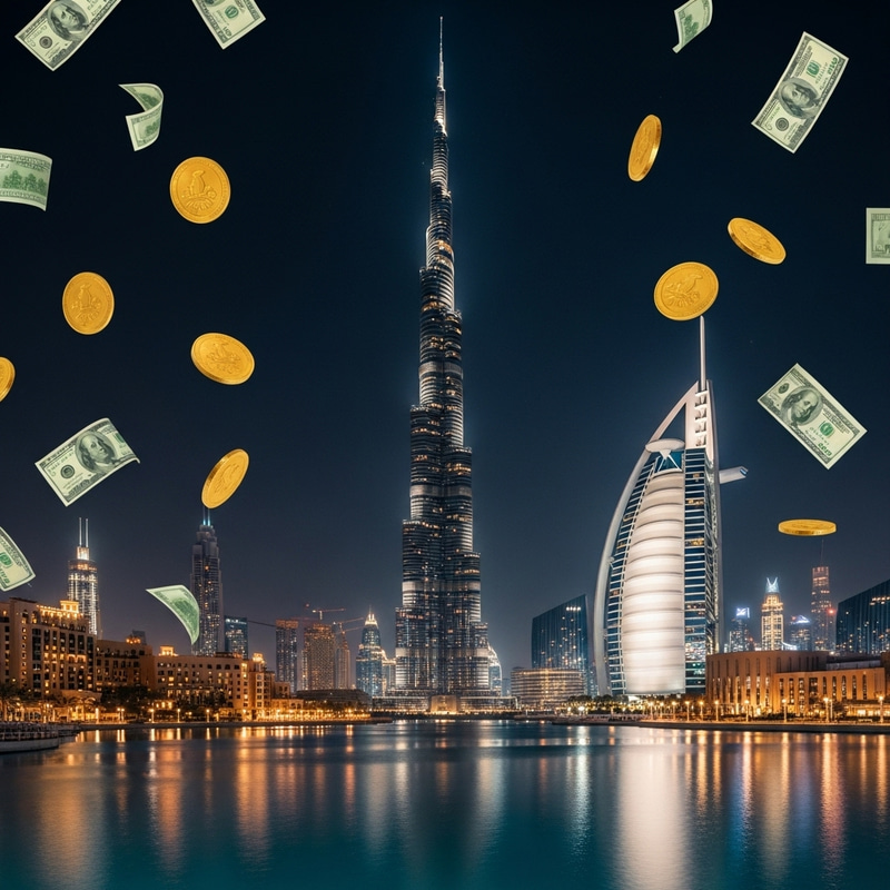 Dubai Night Skyline with Falling Gold Coins and Dollar Bills - Wealthy City Scene