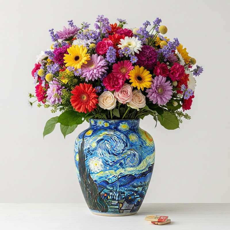 Beautiful Flower Bouquet in Van Gogh Inspired Vase Beautiful Flower Bouquet in Van Gogh Inspired Vase