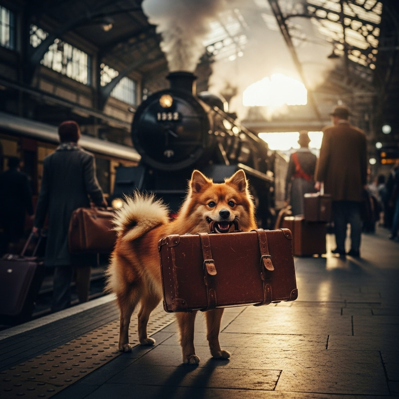 Bright & Vibrant Scene: Cheerful Red Spitz Dog at Train Station