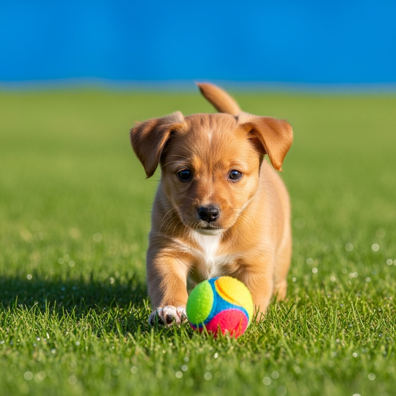 Joyful Puppy Playing in Sunlight on Green Lawn