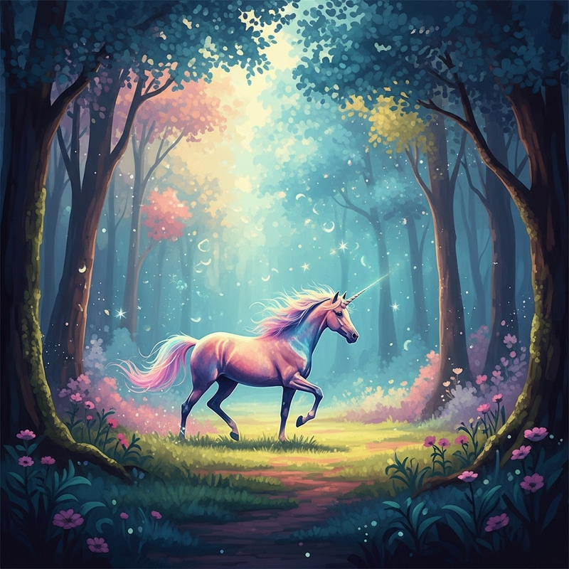 Magical Unicorn in Mystical Forest Fantasy Art Magical Unicorn in Mystical Forest Fantasy Art