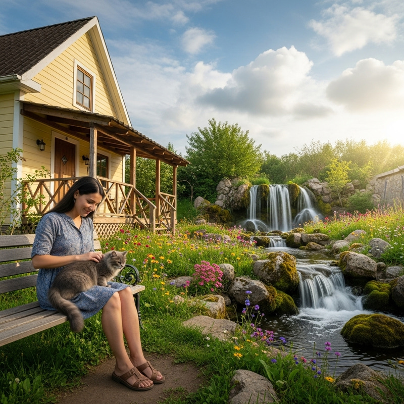 Hispanic Woman with Grey Cat in Garden with Cascading Waterfall