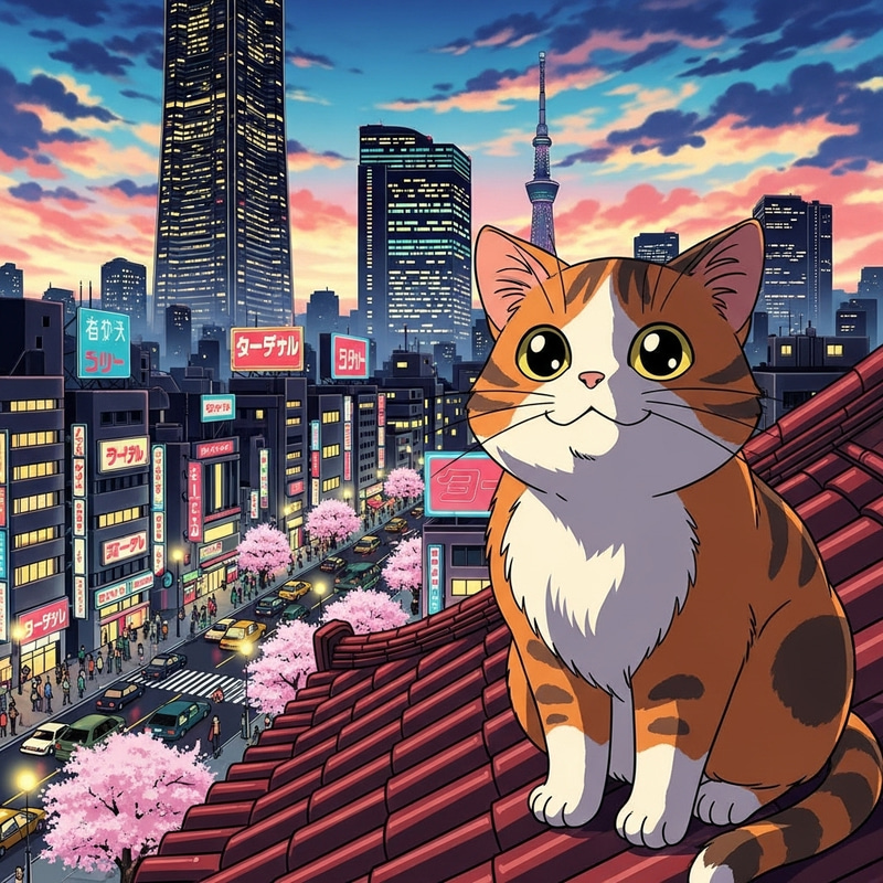 Cute Cat in Tokyo - Sailor Moon Style Anime | Charming Feline in Vibrant Cityscapes Cute Cat in Tokyo - Sailor Moon Style Anime | Charming Feline in Vibrant Cityscapes