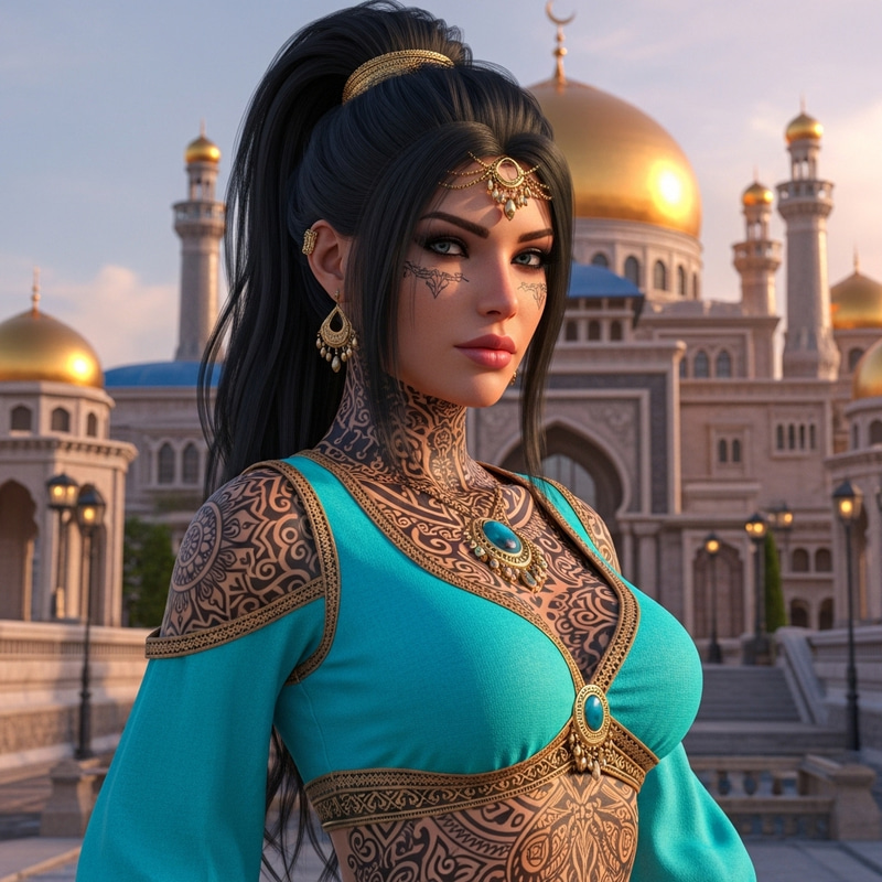 Realistic Princess Jasmine with Intricate Tattoos in Turquoise Attire Realistic Princess Jasmine with Intricate Tattoos in Turquoise Attire