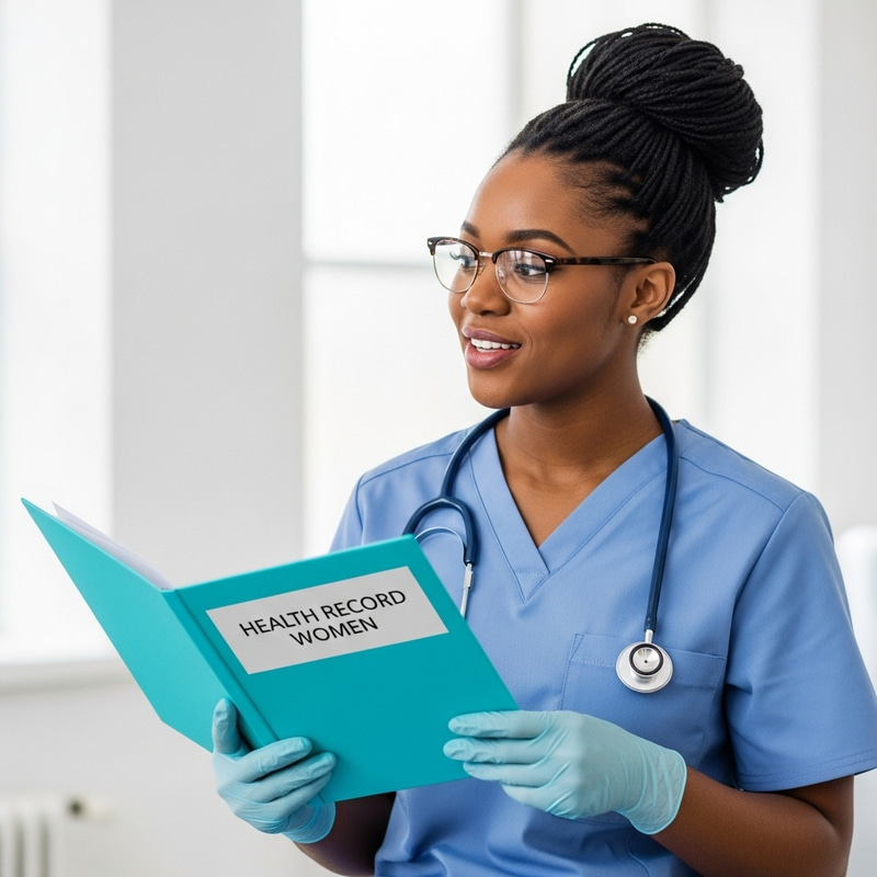 Black Midwife Holds Health Record Book for Women