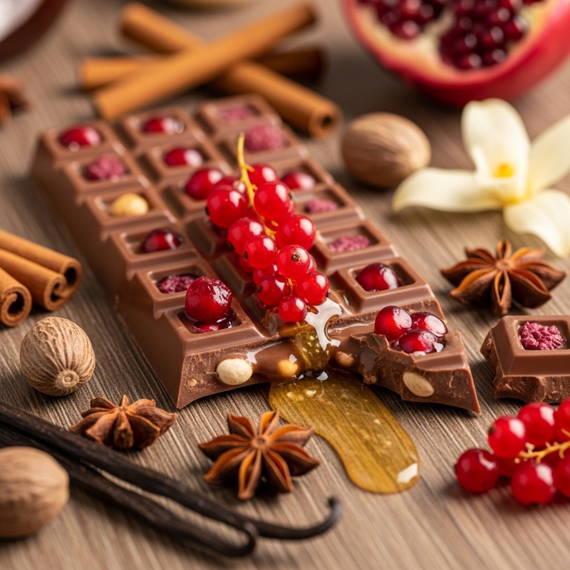 Delicate Milk Chocolate with Red Currant, Pomegranate, Honey & Spices Delicate Milk Chocolate with Red Currant, Pomegranate, Honey & Spices