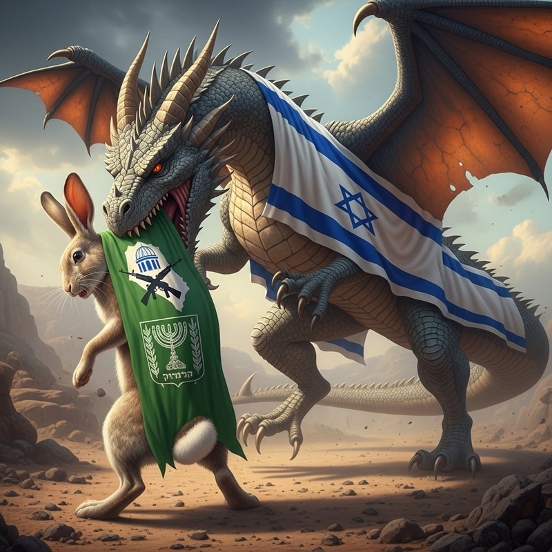 Dragon on Israeli Flag Consuming Rabbit with Hamas Flag Dragon on Israeli Flag Consuming Rabbit with Hamas Flag