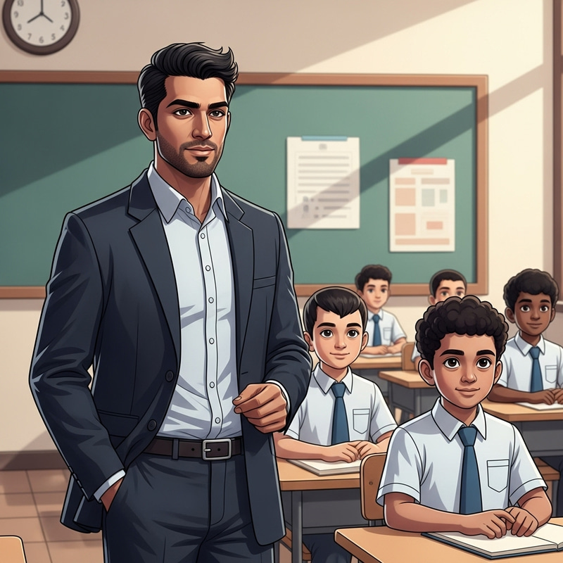 Dynamic School Classroom Scene with Handsome Teacher and Patient Student