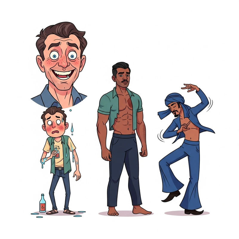 Cartoon Characters: Crazy Man, Drunk Man, Dancing Man, Cut-Shirt Man