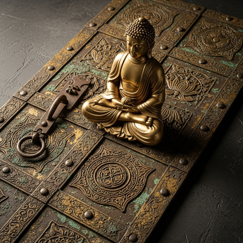 Golden Buddha Statue on Metal Door: Tranquil Meditation Scene
