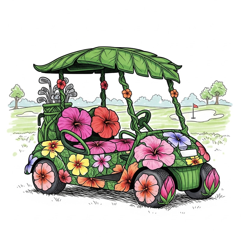Hand Drawn Flower Golf Cart - Tropical Paradise Design Hand Drawn Flower Golf Cart - Tropical Paradise Design