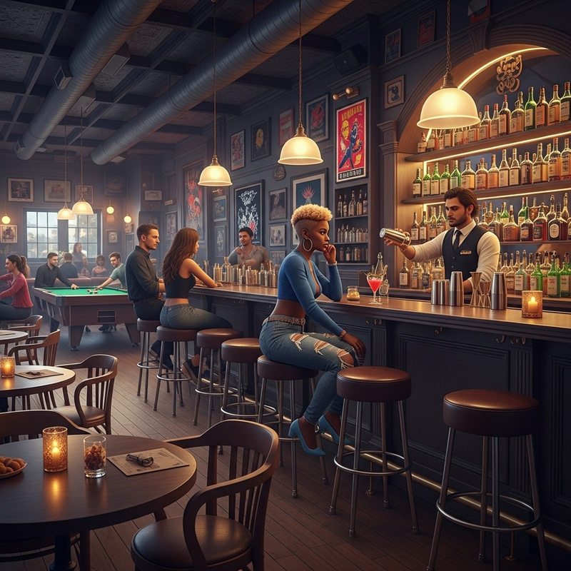 Hyper Realistic Bar Scene Illustration with African American Woman and Bartender Pouring Drinks Hyper Realistic Bar Scene Illustration with African American Woman and Bartender Pouring Drinks