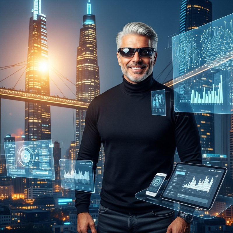 Futuristic Gray-Haired Entrepreneur with Tech Elements