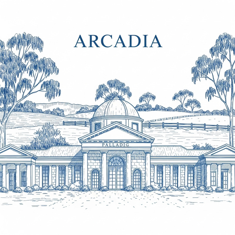 French Blue Etched Sketch of Palladio Arcadia Wedding Venue in NSW, Australia French Blue Etched Sketch of Palladio Arcadia Wedding Venue in NSW, Australia