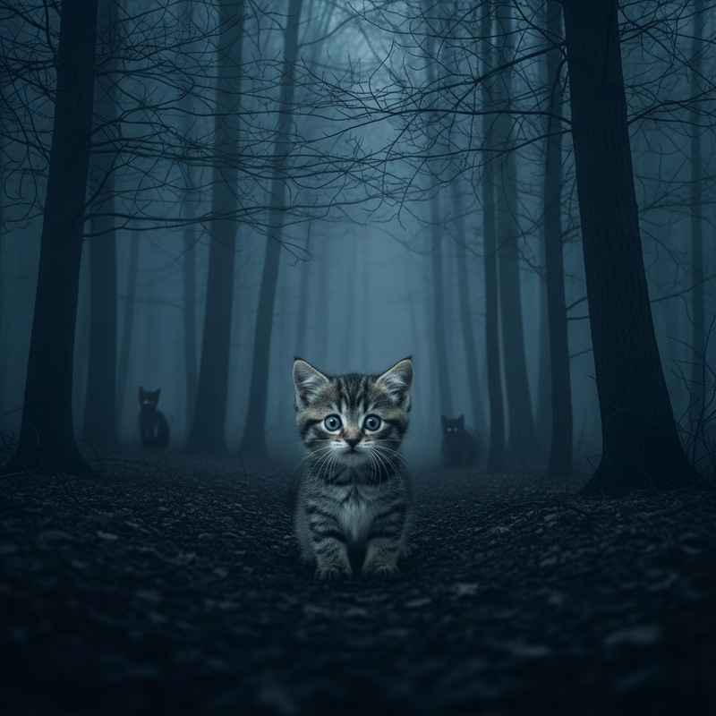 Enchanting Forest Shrouded in Mystery | Cute Kitten in Shadows Enchanting Forest Shrouded in Mystery | Cute Kitten in Shadows