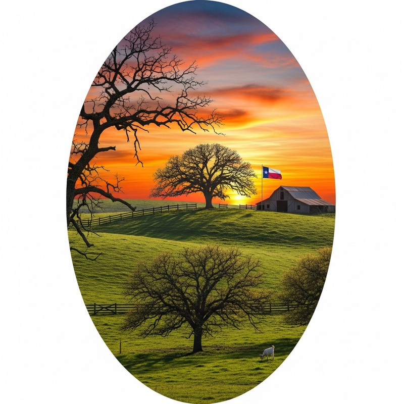 Vibrant Sunset Scenery with Oak Trees, Texas Flag & Grazing Goat Vibrant Sunset Scenery with Oak Trees, Texas Flag & Grazing Goat