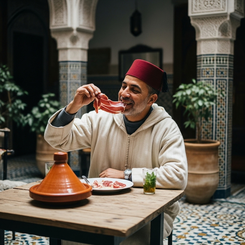Moroccan Man Eating Ham - Traditional Cuisine Experience