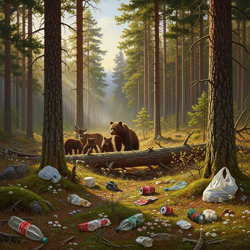 Morning in a Pine Forest with Environmental Awareness Morning in a Pine Forest with Environmental Awareness