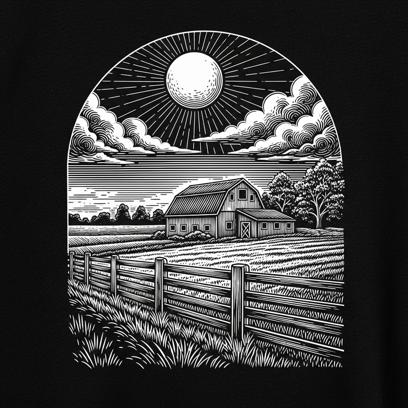 Vintage Farm Scene T-Shirt Design in Black & White Vintage Farm Scene T-Shirt Design in Black & White