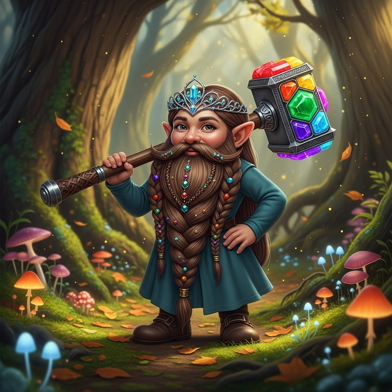 Bearded Gnome Girl with Diadem and Colorful Hammer Bearded Gnome Girl with Diadem and Colorful Hammer