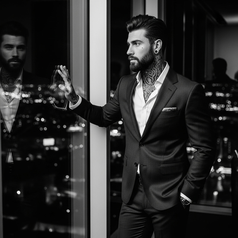Italian Man in Tailored Suit With Detailed Tattoos | New York Night Lights Italian Man in Tailored Suit With Detailed Tattoos | New York Night Lights