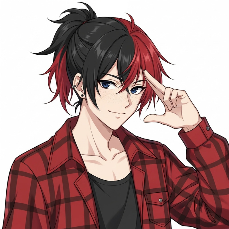 Vivacious Anime-Style Boy Character with Black and Red Hair