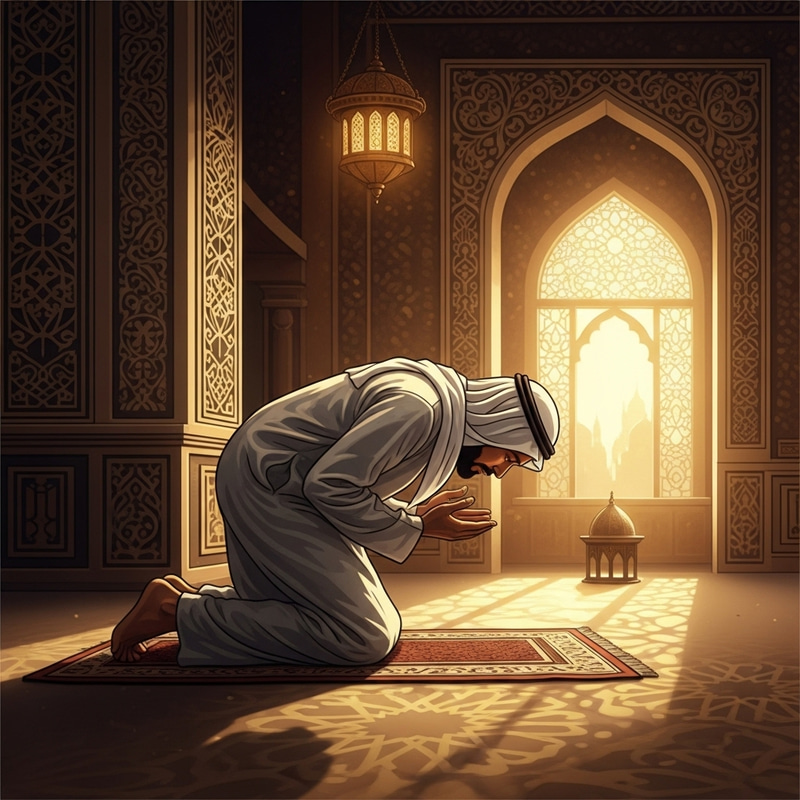 Elegant Islamic Art: Person in Prayer Bathed in Golden Light Elegant Islamic Art: Person in Prayer Bathed in Golden Light