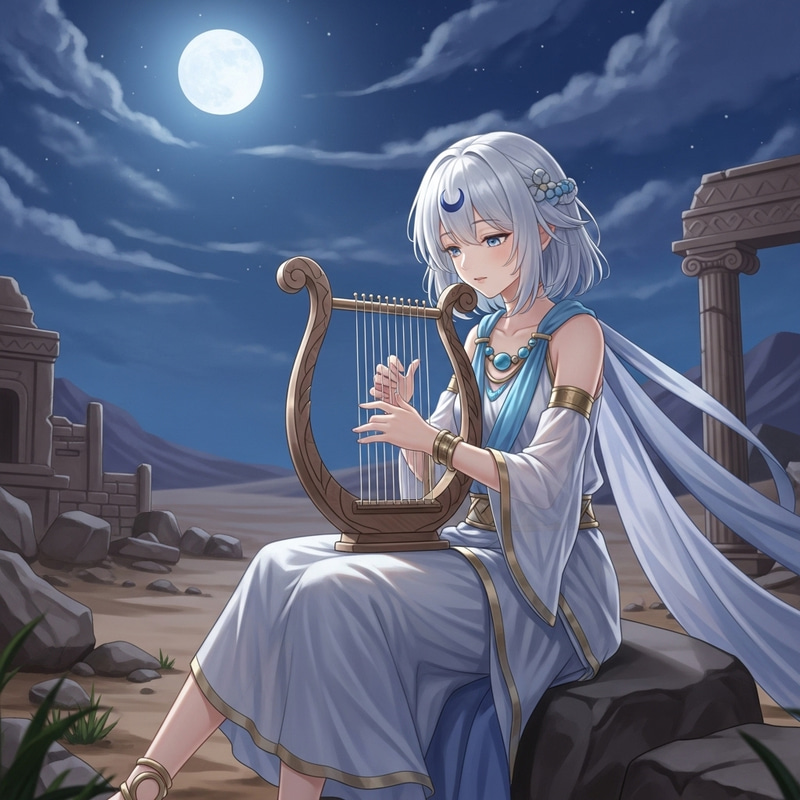 Serenity of a White-Haired Anime Girl Playing Harp in Desert Oasis at Night