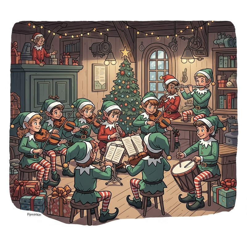 Iconic Santa's Elves Musicians in the Festive Santa's Workshop Iconic Santa's Elves Musicians in the Festive Santa's Workshop