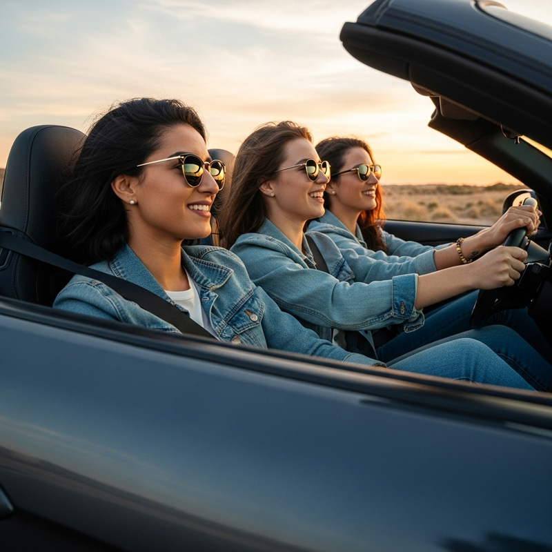 Three Stylish Girls Racing in a Sports Car Three Stylish Girls Racing in a Sports Car