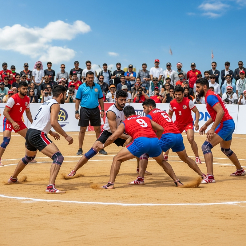Dynamic Kabaddi Action on Field - Teams Compete Under Clear Skies Dynamic Kabaddi Action on Field - Teams Compete Under Clear Skies