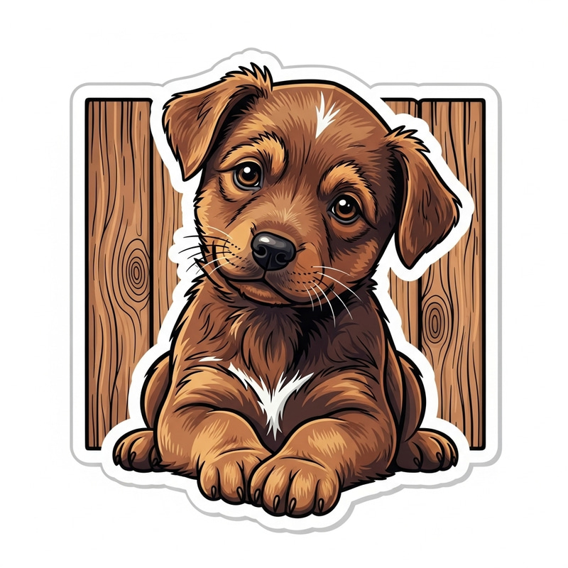 Adorable Brown Puppy Sitting on Wooden Planks Sticker Adorable Brown Puppy Sitting on Wooden Planks Sticker