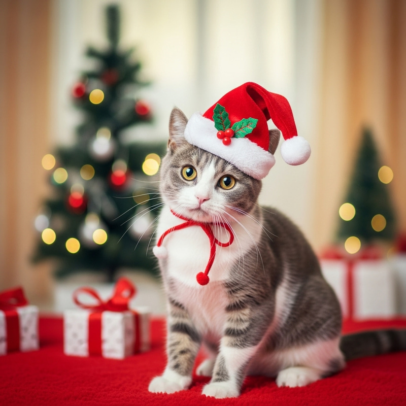 Gray & White Cat in Festive Christmas Hat | Whimsical Holiday Portrait