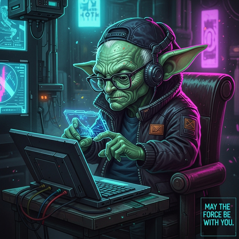 Yoda: Cyberpunk Hacker with Futuristic Technology | Mixed Media Art
