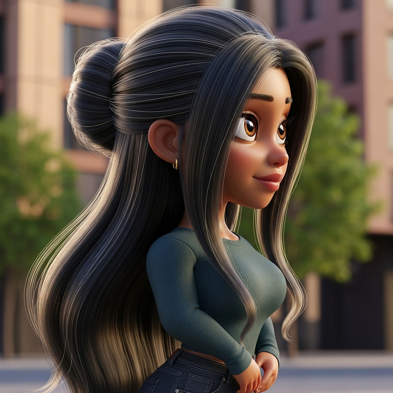 Short Brown-skinned Woman with Long Flowing Black Hair | Modern 3D Animation Style