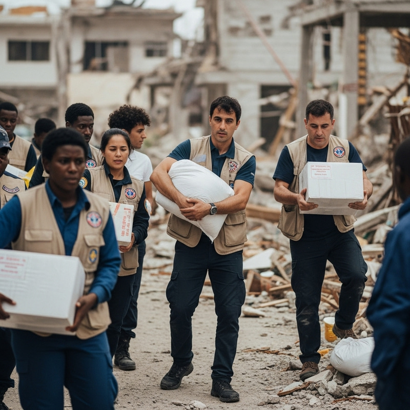 Documentary Style Humanitarian Workers Delivering Supplies to Disaster Areas