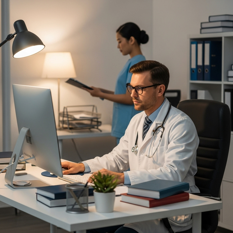 Male Doctor Working at Computer Desk with Nurse Assistance