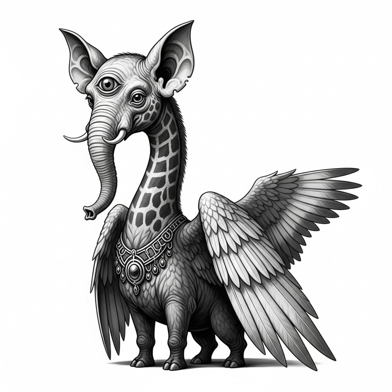 Unique Animal with Big Ears, Singular Eye, Trunk-like Mouth, Long Neck, and Large Wings Unique Animal with Big Ears, Singular Eye, Trunk-like Mouth, Long Neck, and Large Wings
