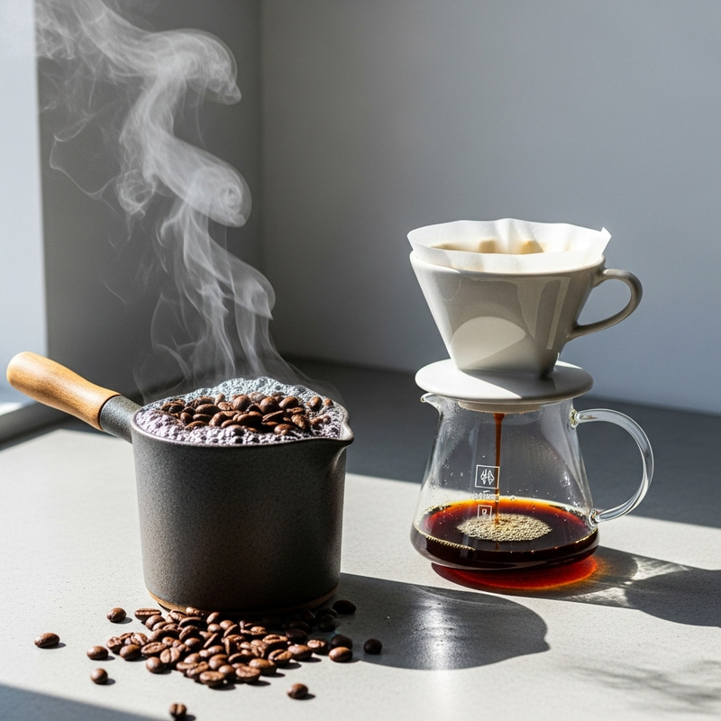 Minimalist Coffee Brewing: Ceramic Pot & Beans Minimalist Coffee Brewing: Ceramic Pot & Beans