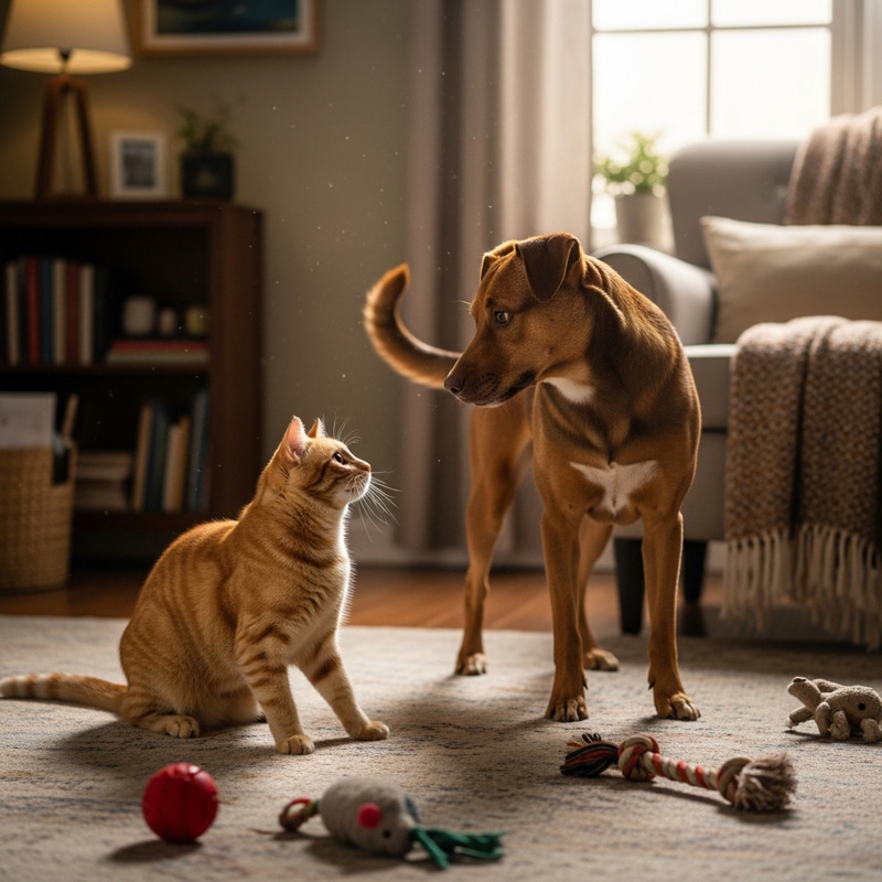 Playful Cat and Dog Friendship in Home Setting