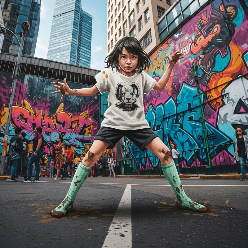Vibrant Street Art with Energetic Young Girl in Dynamic Pose