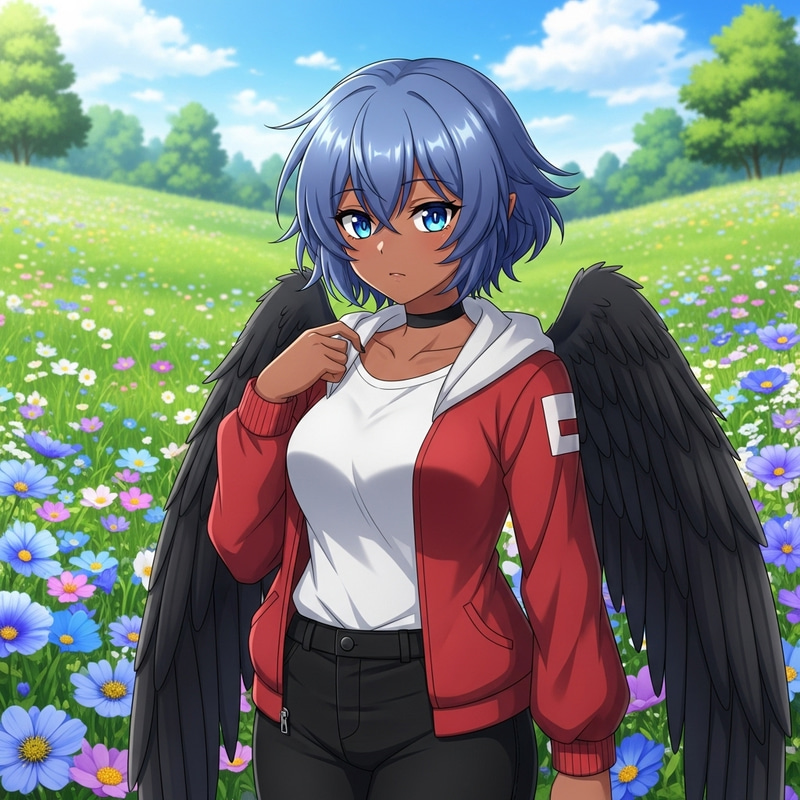 Anime-Style Teenage Character with Blue Hair, Dark Skin & Black Wings Anime-Style Teenage Character with Blue Hair, Dark Skin & Black Wings