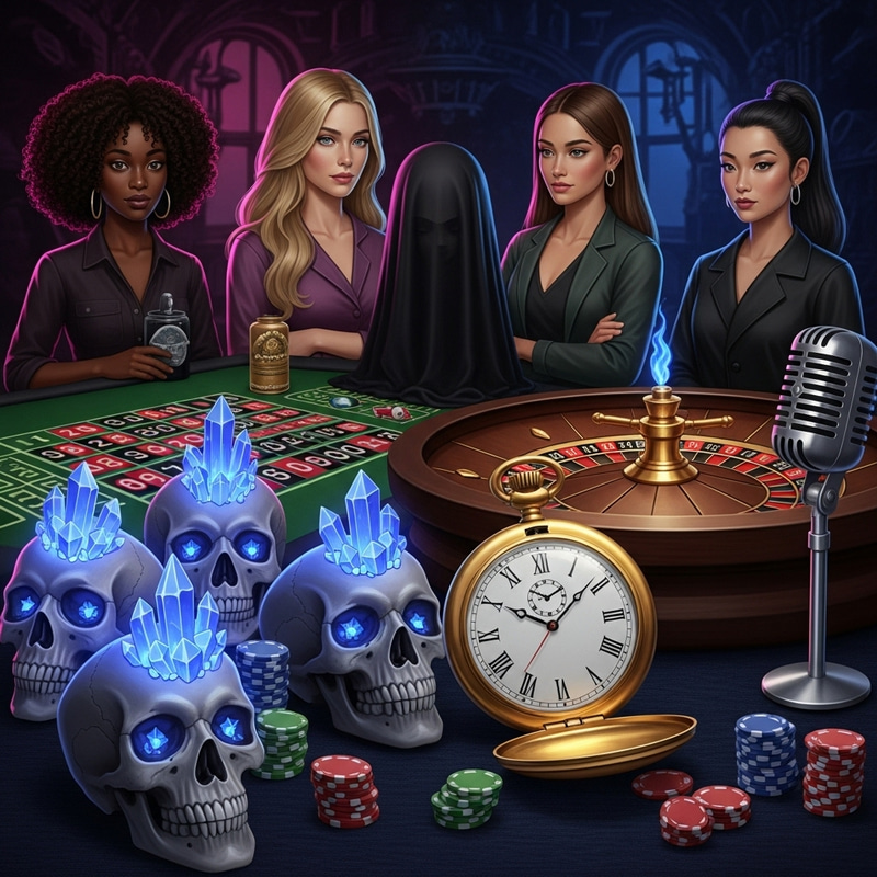Enigmatic Scene: Burning Skulls, Roulette, Pocket Watch & Diverse Women Enigmatic Scene: Burning Skulls, Roulette, Pocket Watch & Diverse Women