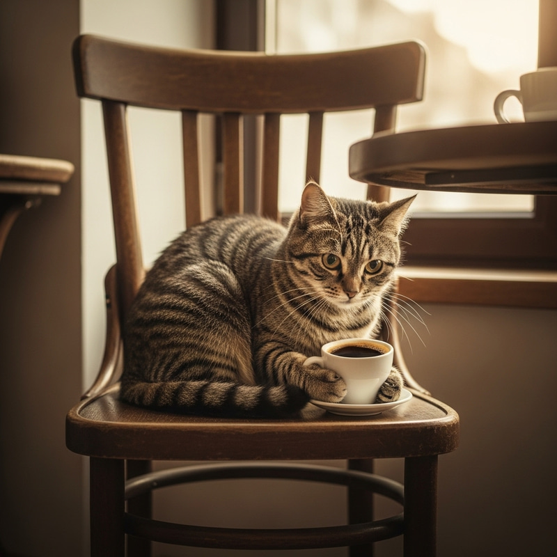 Playful Tabby Cat Enjoying Coffee | Whimsical Sunny Terrace Playful Tabby Cat Enjoying Coffee | Whimsical Sunny Terrace
