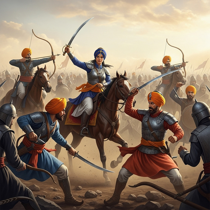 Sikh Warriors in Battle: Dramatic Scene of Chaos and Courage Sikh Warriors in Battle: Dramatic Scene of Chaos and Courage