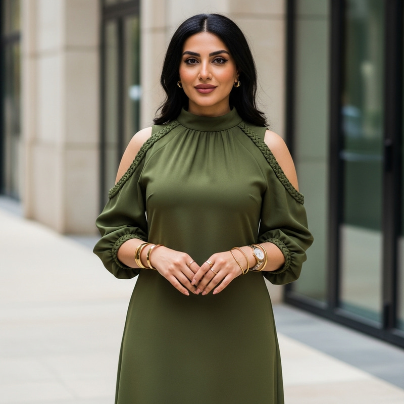 Elegant Woman in Olive Green Dress | Modern Fashion Editorial Elegant Woman in Olive Green Dress | Modern Fashion Editorial