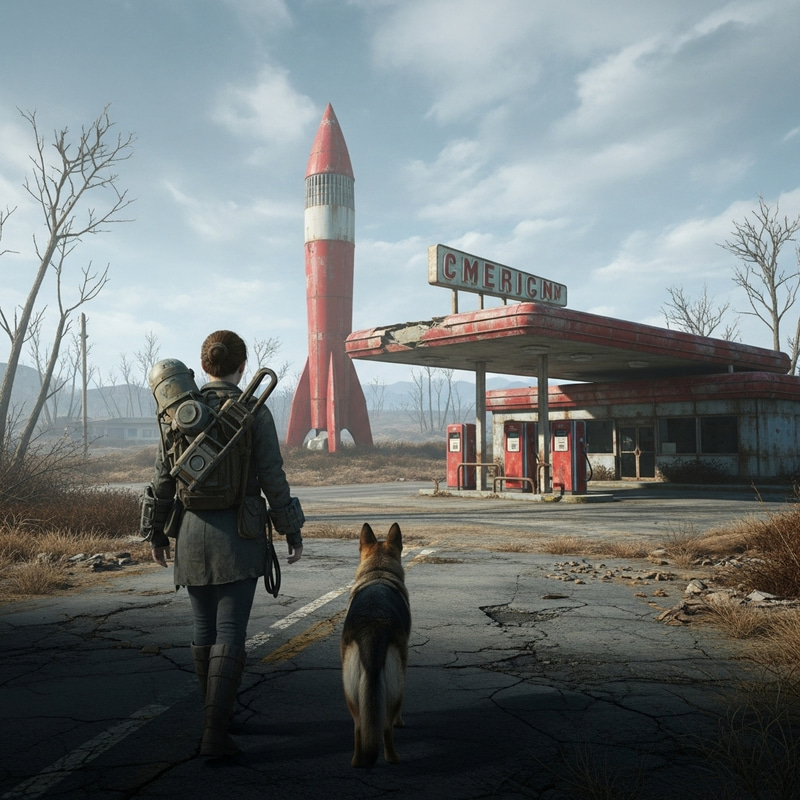 Desolate Post-Apocalyptic Scene: Nora and German Shepherd Near Red Rocket Gas Station Desolate Post-Apocalyptic Scene: Nora and German Shepherd Near Red Rocket Gas Station