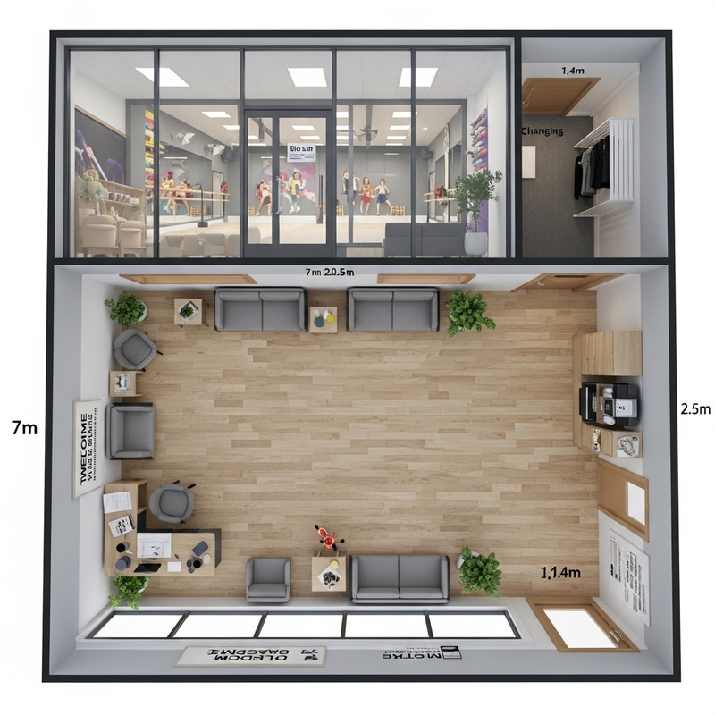 3D Bird's Eye View of Cozy Student Waiting Room with Glass Wall and Dance Studio 3D Bird's Eye View of Cozy Student Waiting Room with Glass Wall and Dance Studio